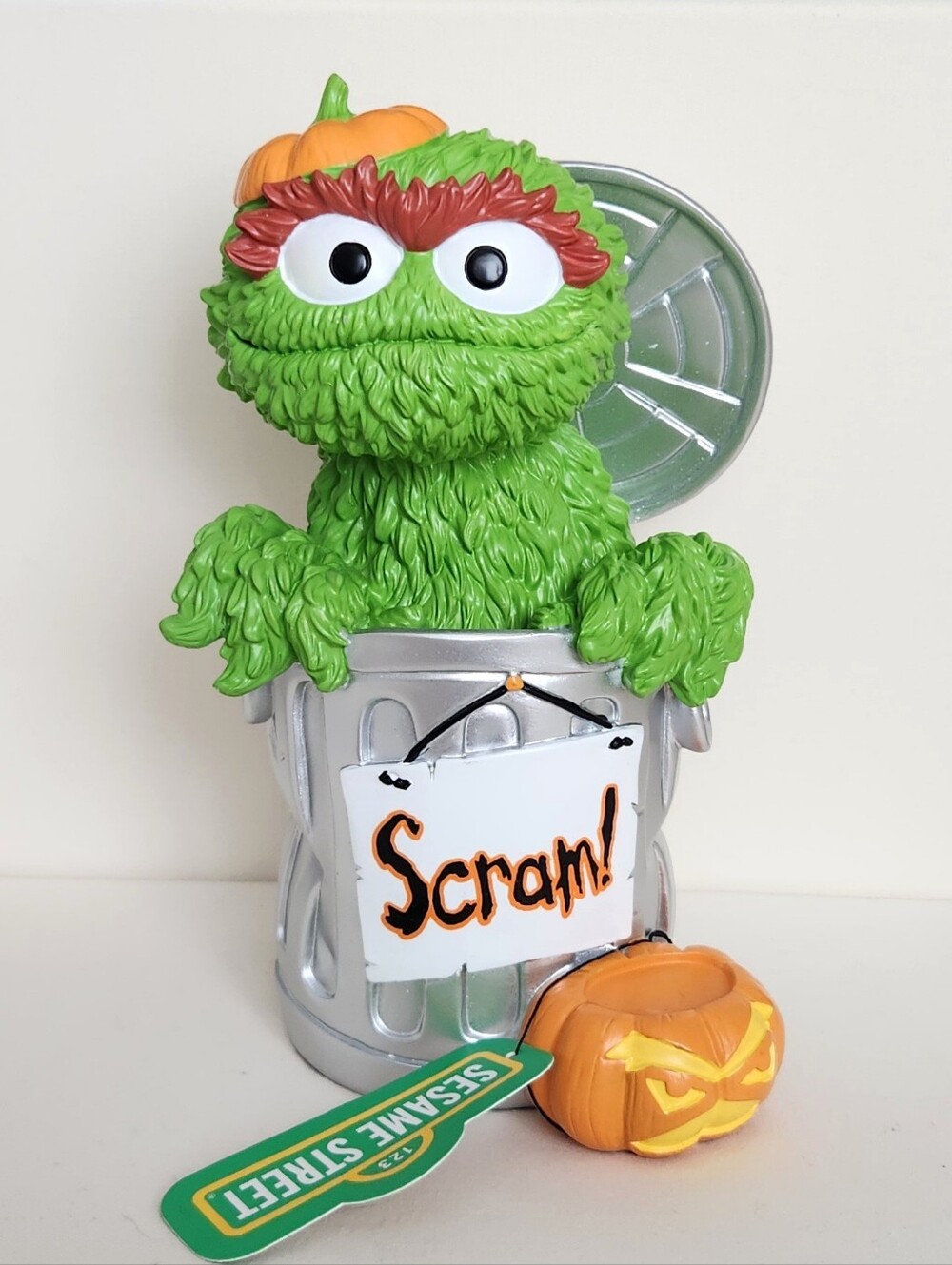 Sesame Street Halloween Oscar the Grouch in Scram Trash Can, 9" Figurine Statue